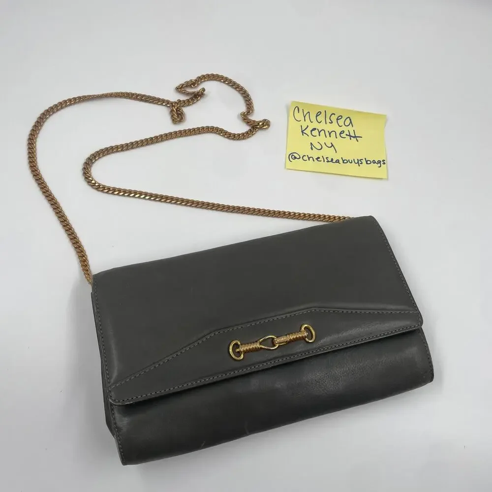 Celine Vintage Gray Leather Crossbody Bag Purse WOC Wallet on Chain Mini Clutch